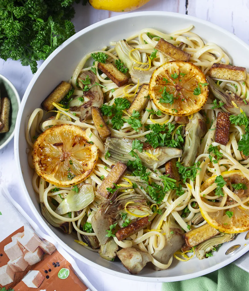 Linguine aux artichauts et tofu fumé